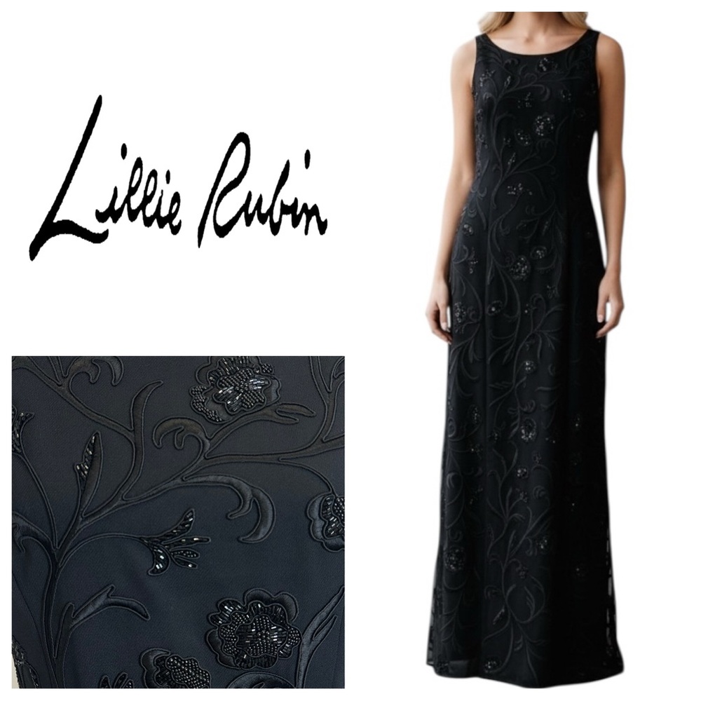 Lillie Rubin Vintage Black Beaded Formal Evening Gown Maxi Dress Size Medium